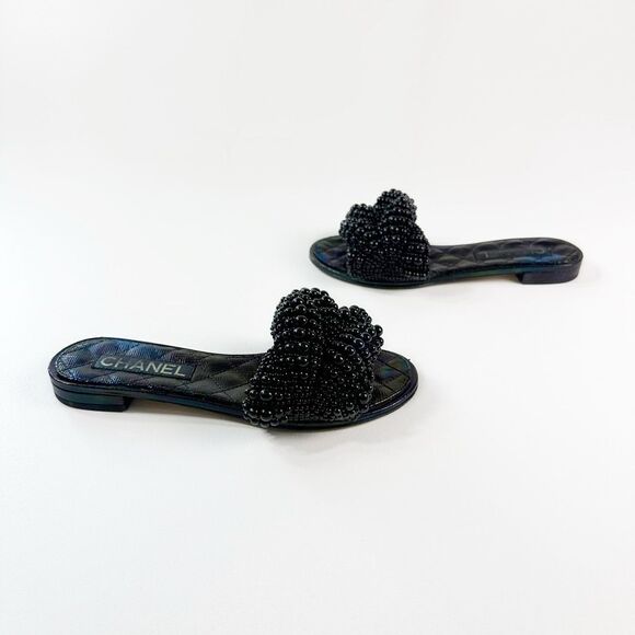 CHANEL Black Fantasy Pearl Cord Sandals Size 37 Mules Open Toe Slides CC Flat - Picture 7 of 12